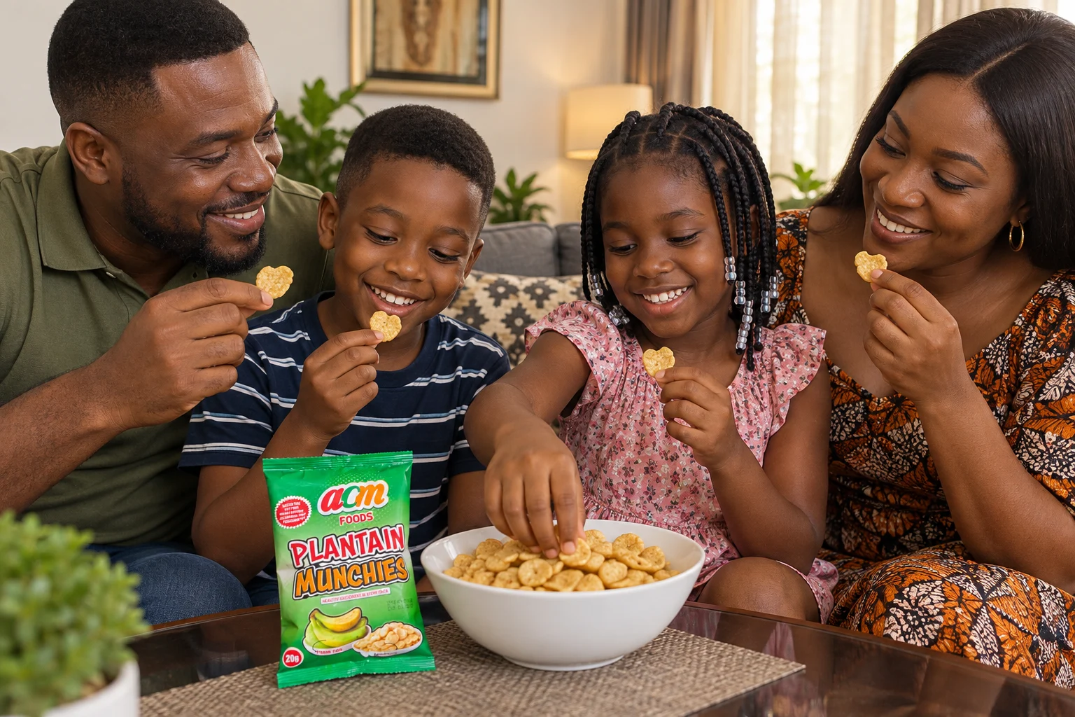 Illustrative Nigerian family of four sharing a bowl of Plantain Munchies